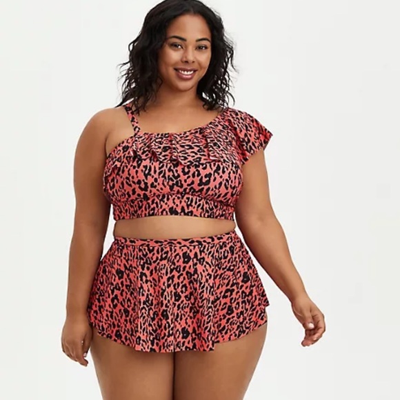Torrid Coral Leopard One Shoulder Bikini Top & Swim Skirt